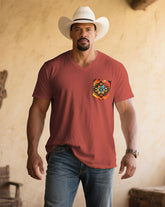 Men's Plus Size Retro Red Western Chest Patch Pocket Printed V-Neck Short Sleeve Tee